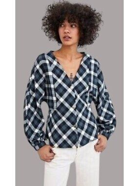 Zara TRF Collection Black White Plaid Tweed Knit Button Down Blazer Top Size L
